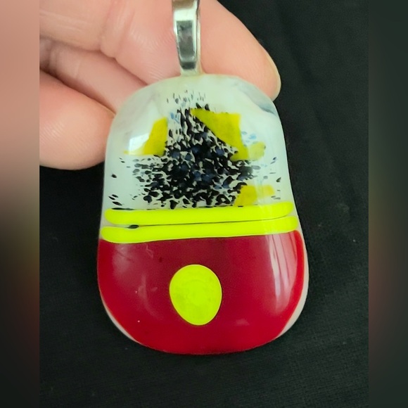 Artisan AJ Hallmarked Fused Glass Statement Pendant 16.49g Red Yellow Abstract - Picture 3 of 5
